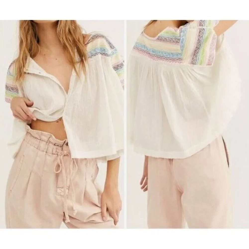 Free People Mirabella Embroidered Top Sz XS Cream Multicolor Crop SS NWT $128